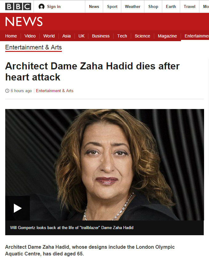 享誉全球的建筑大师 扎哈 哈迪德（Zaha Hadid）心脏病突发去逝